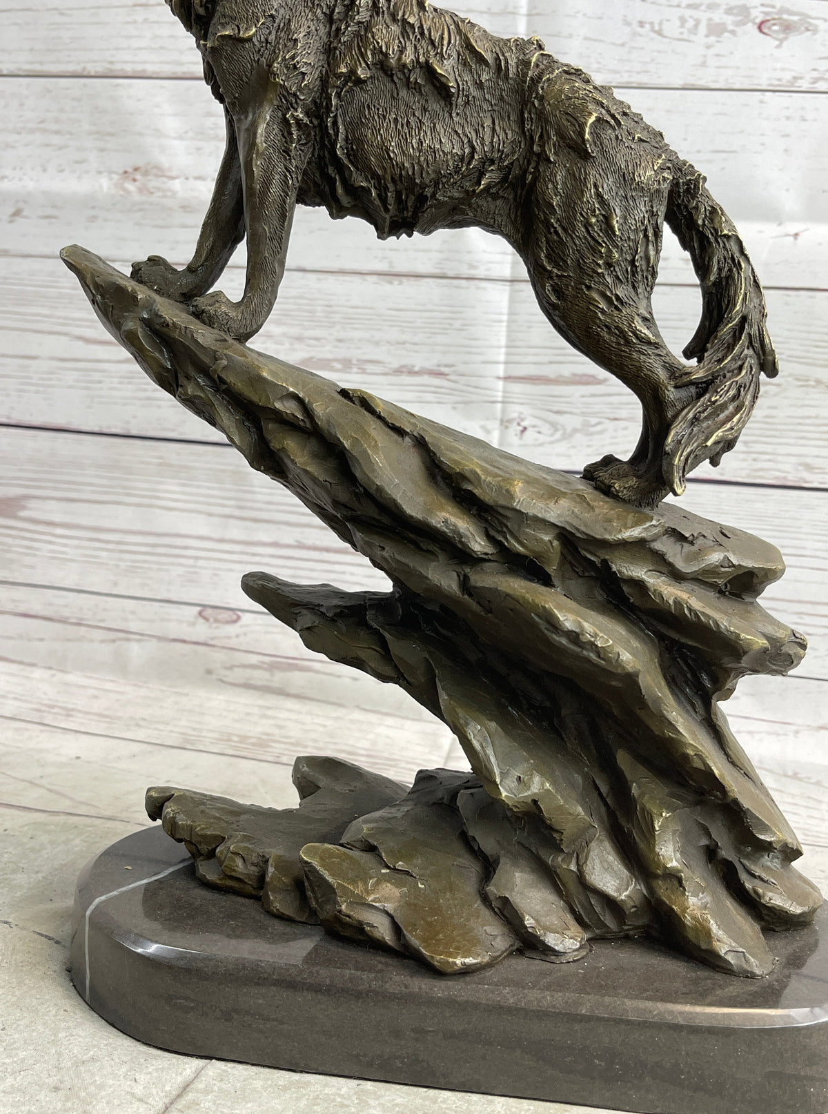 Wolf Howling at the Moon Bronze Sculpture on Marble Base