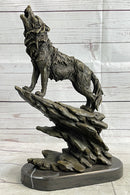 Wolf Howling at the Moon Bronze Sculpture on Marble Base