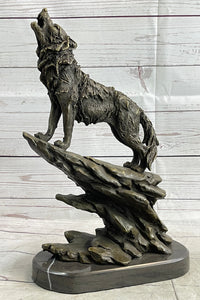 Wolf Howling at the Moon Bronze Sculpture on Marble Base
