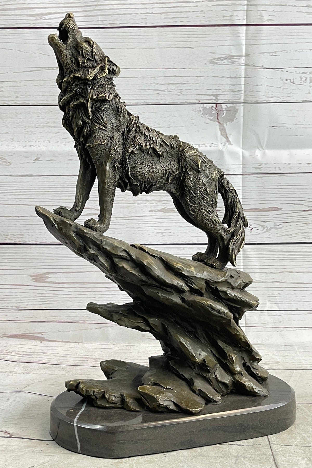 Wolf Howling at the Moon Bronze Sculpture on Marble Base