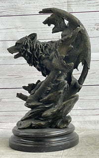 Abstract Surrealist Wolf Bronze Metal on Marble Base Signed Art