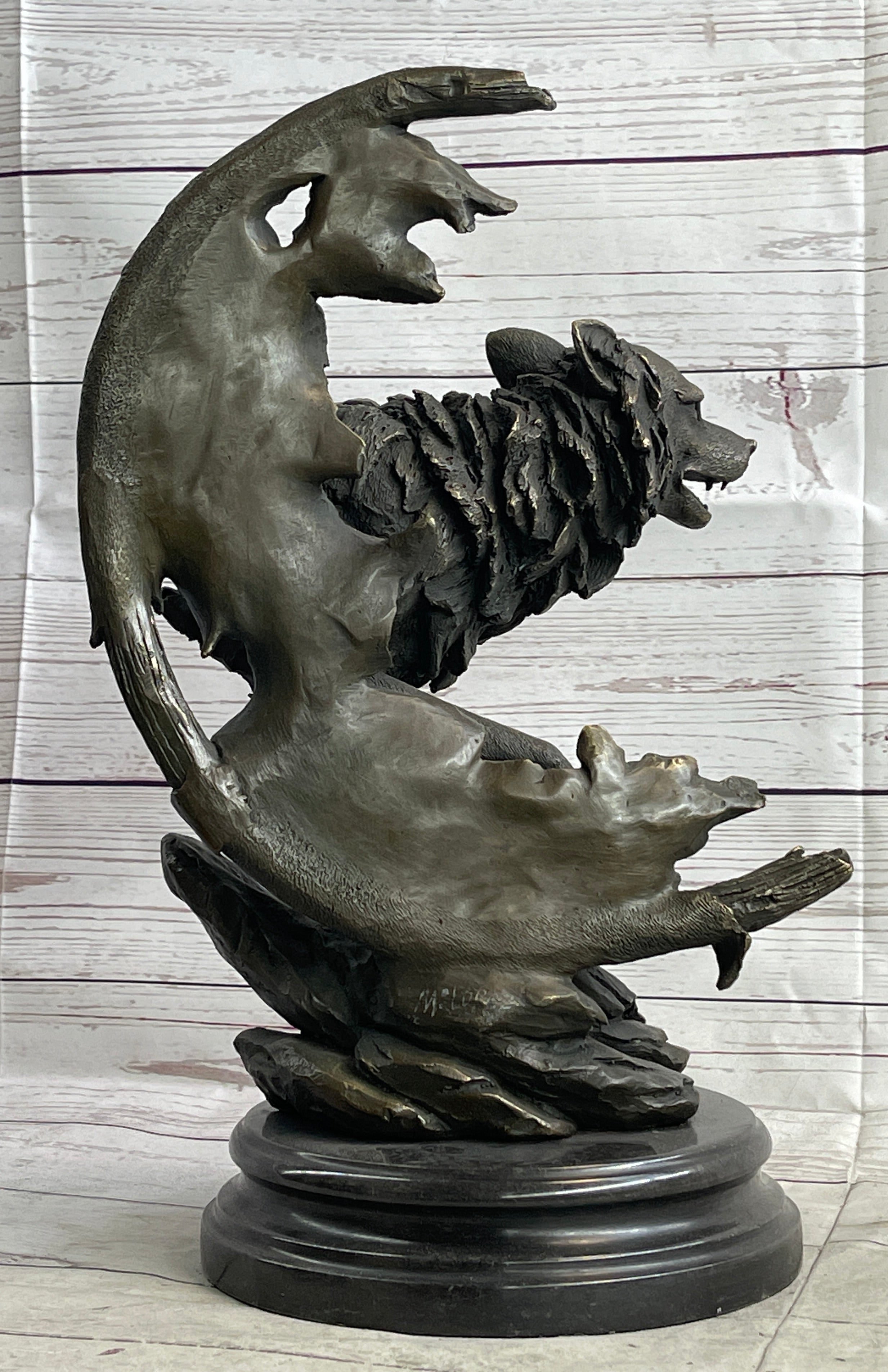 Abstract Surrealist Wolf Bronze Metal on Marble Base Signed Art