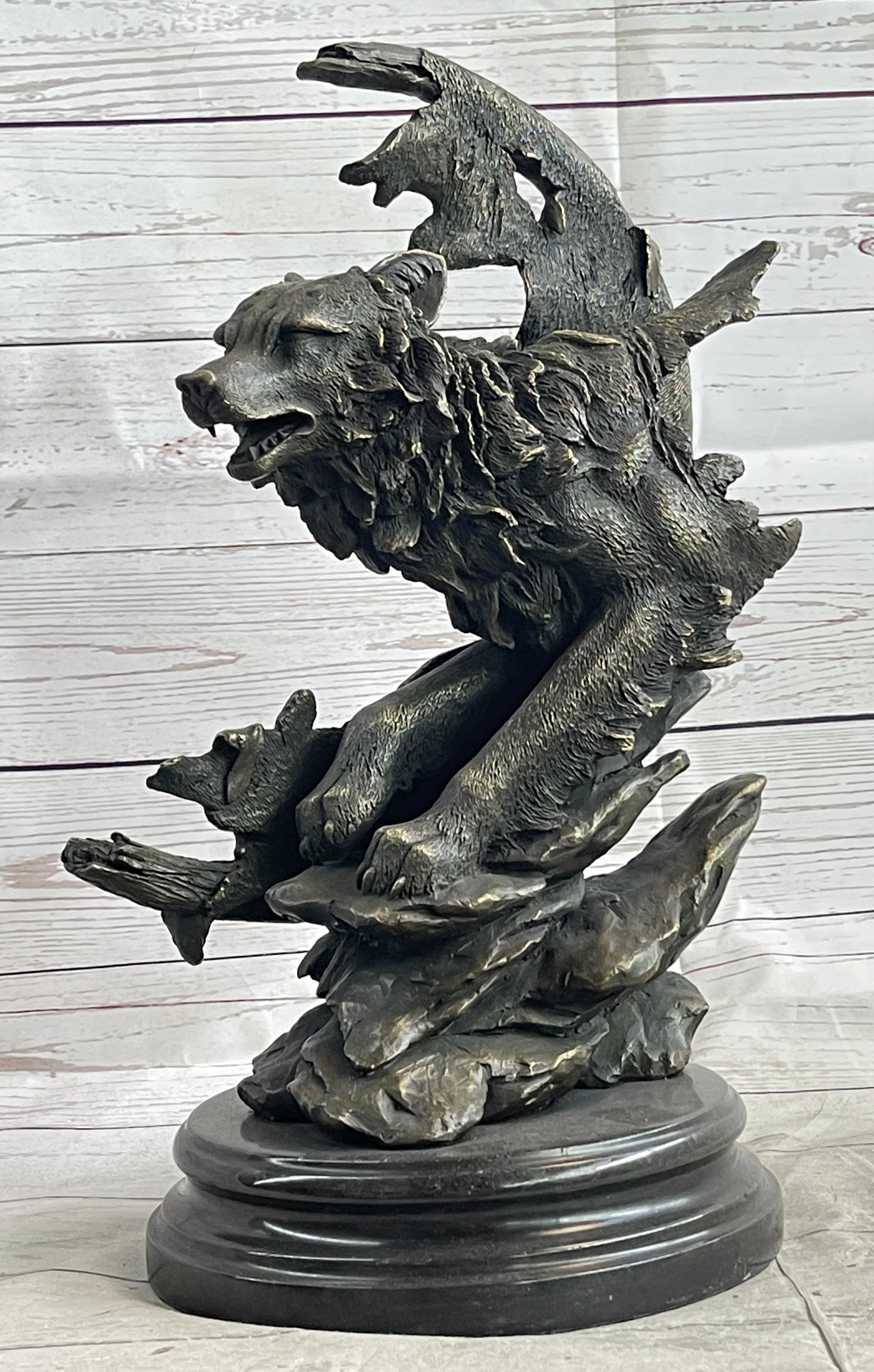 Abstract Surrealist Wolf Bronze Metal on Marble Base Signed Art