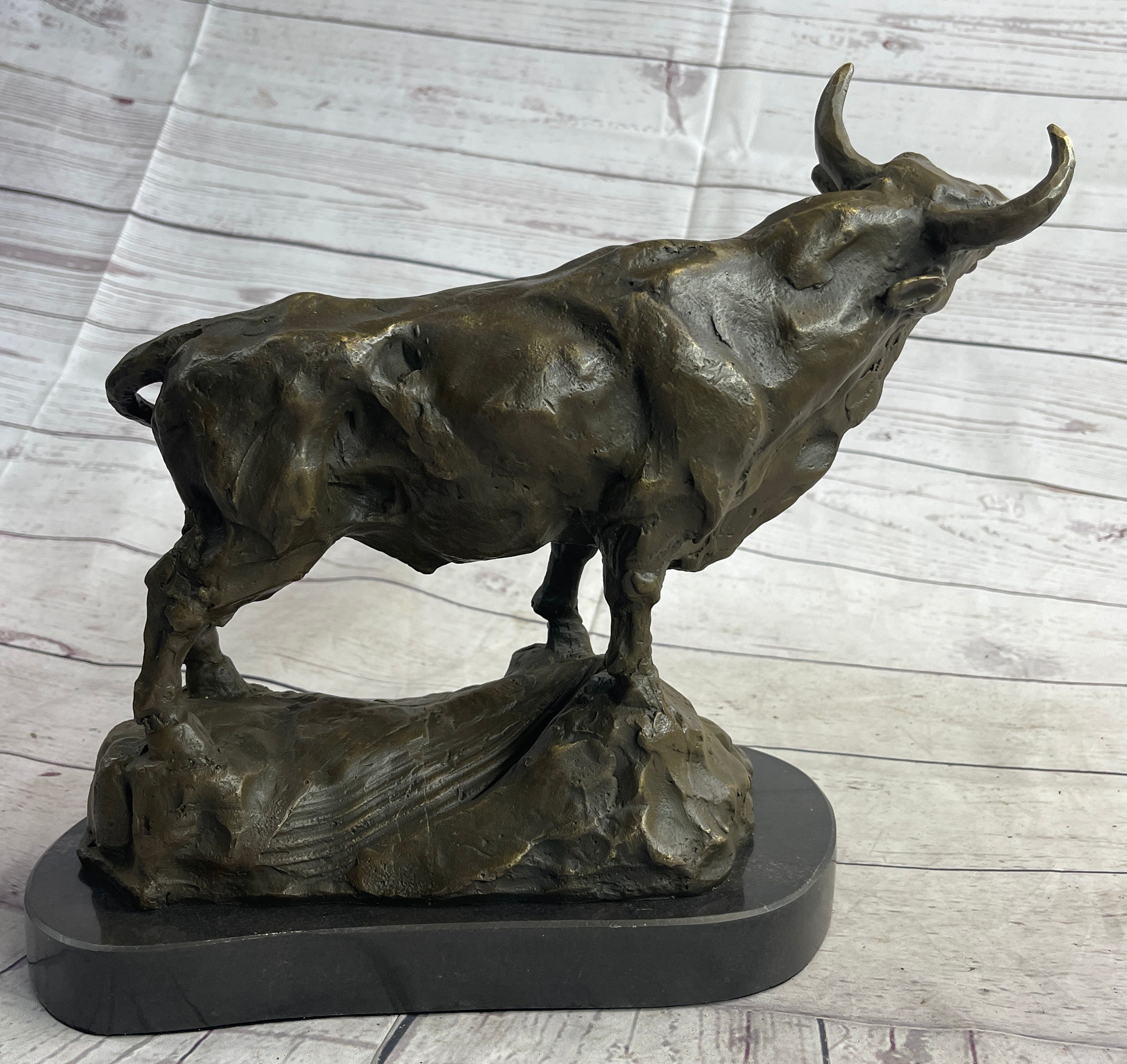 Bull Cow Cattle Bronze Metal Sculpture on Marble Base