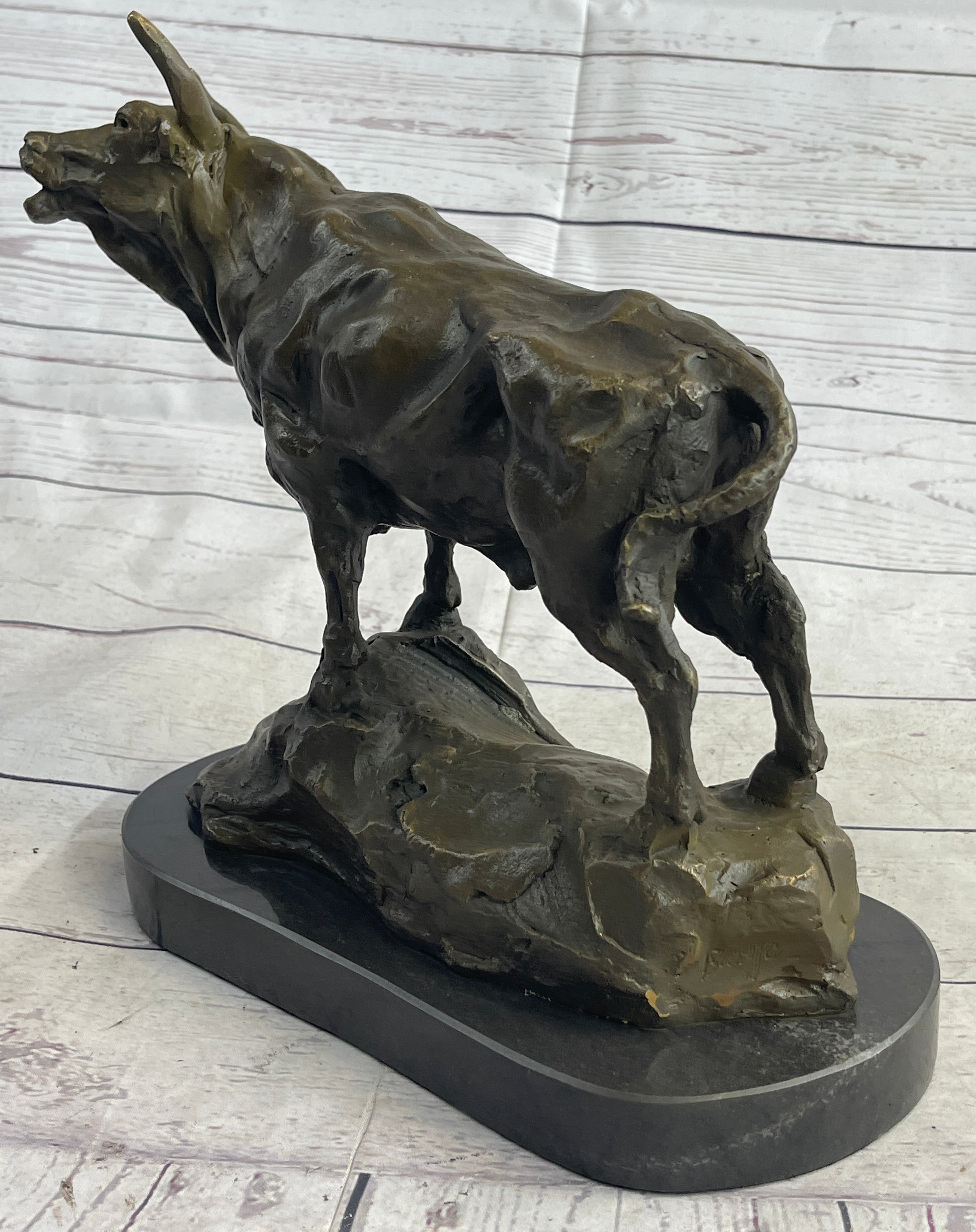 Bull Cow Cattle Bronze Metal Sculpture on Marble Base