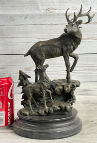 Signed Male Stag with Baby Fawn Bronze Sculpture Marble Base
