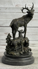 Signed Male Stag with Baby Fawn Bronze Sculpture Marble Base