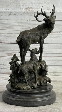 Signed Male Stag with Baby Fawn Bronze Sculpture Marble Base