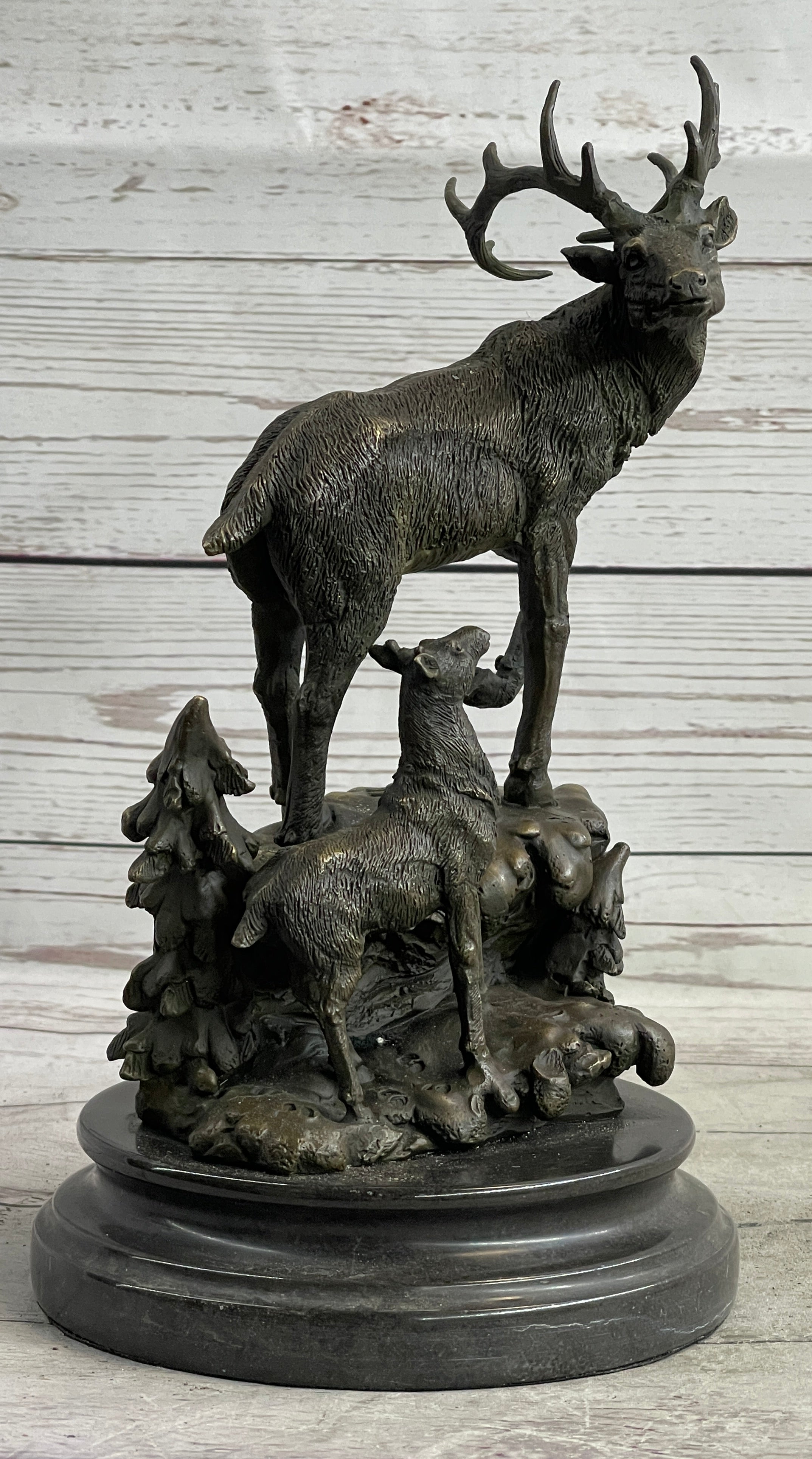 Signed Male Stag with Baby Fawn Bronze Sculpture Marble Base