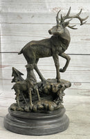 Signed Male Stag with Baby Fawn Bronze Sculpture Marble Base