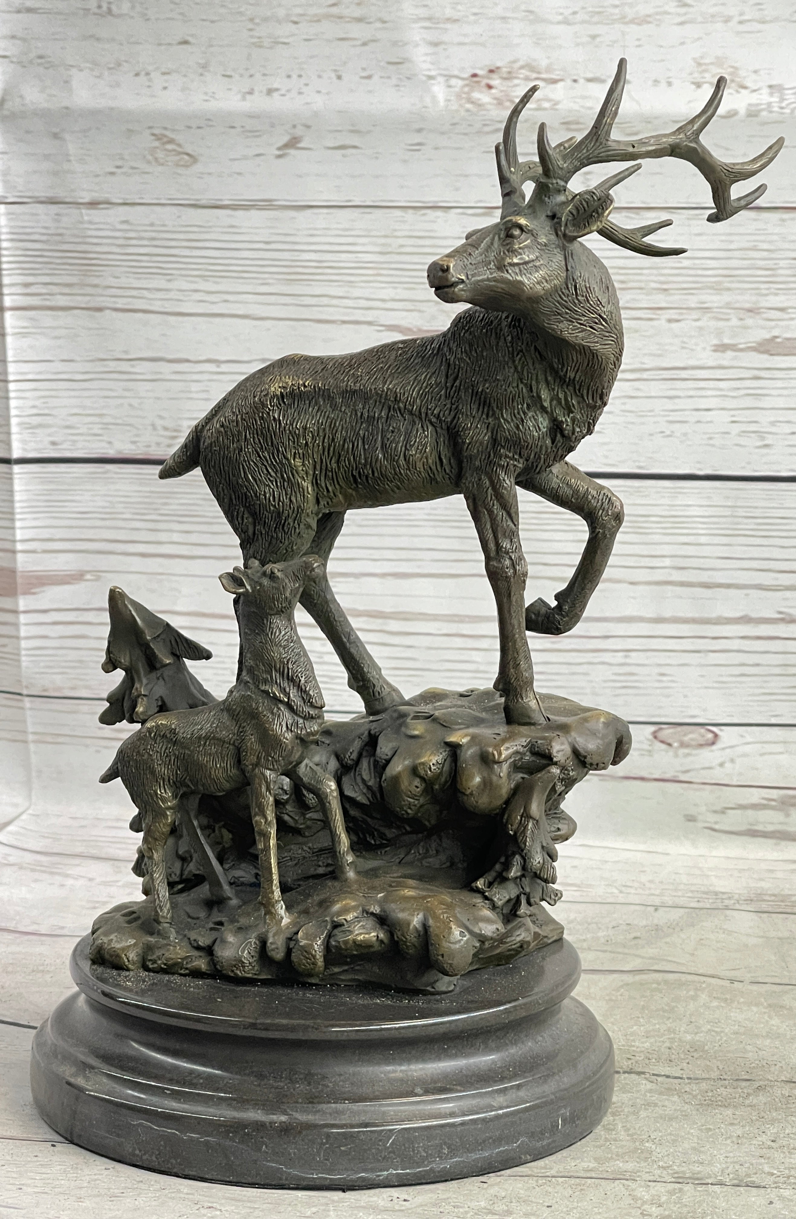 Signed Male Stag with Baby Fawn Bronze Sculpture Marble Base