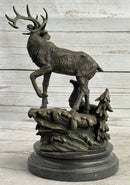 Signed Male Stag with Baby Fawn Bronze Sculpture Marble Base