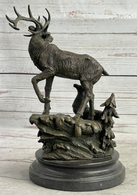 Signed Male Stag with Baby Fawn Bronze Sculpture Marble Base