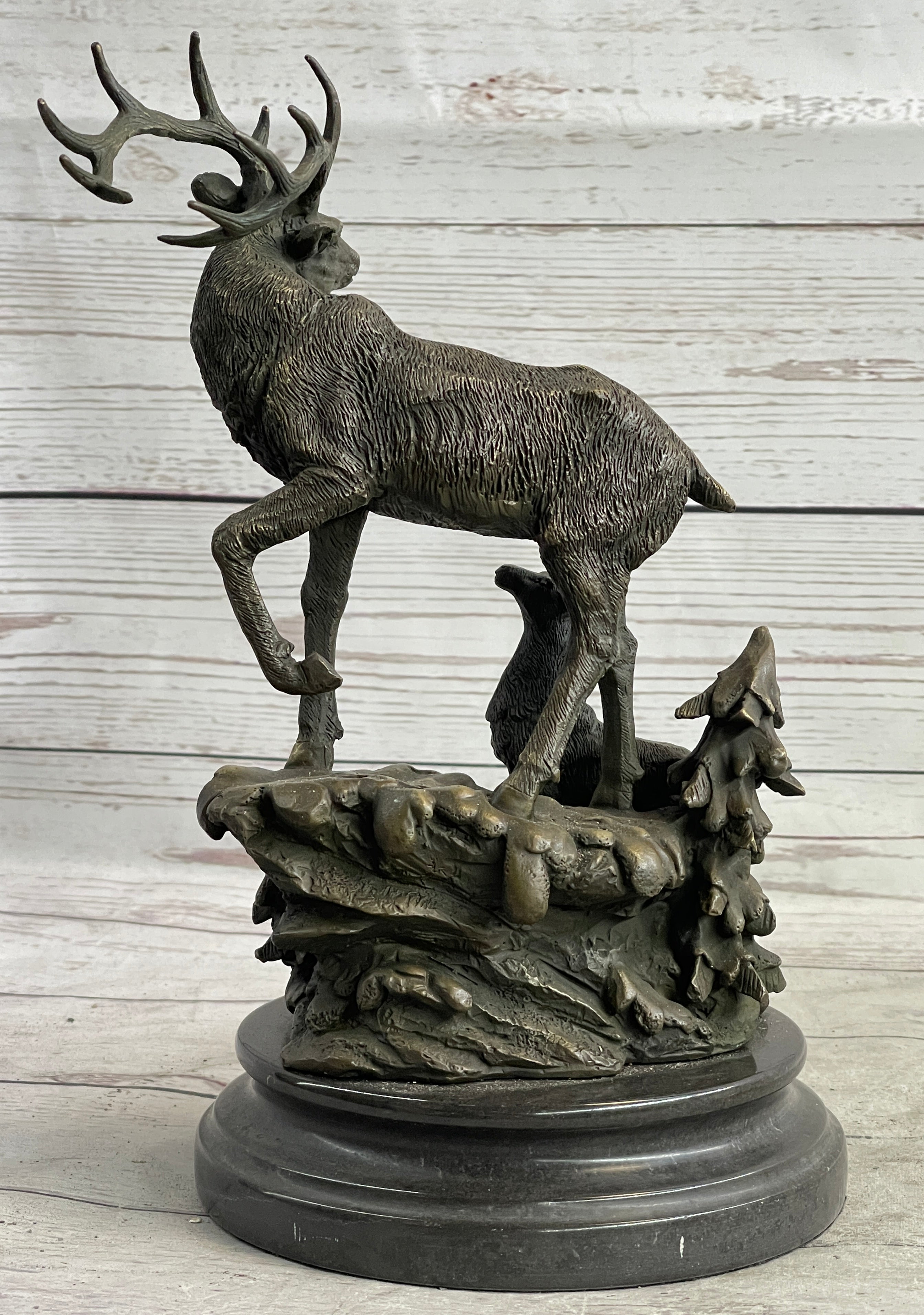Signed Male Stag with Baby Fawn Bronze Sculpture Marble Base