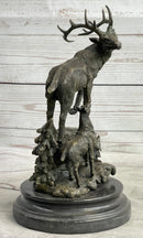 Signed Male Stag with Baby Fawn Bronze Sculpture Marble Base