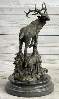Signed Male Stag with Baby Fawn Bronze Sculpture Marble Base