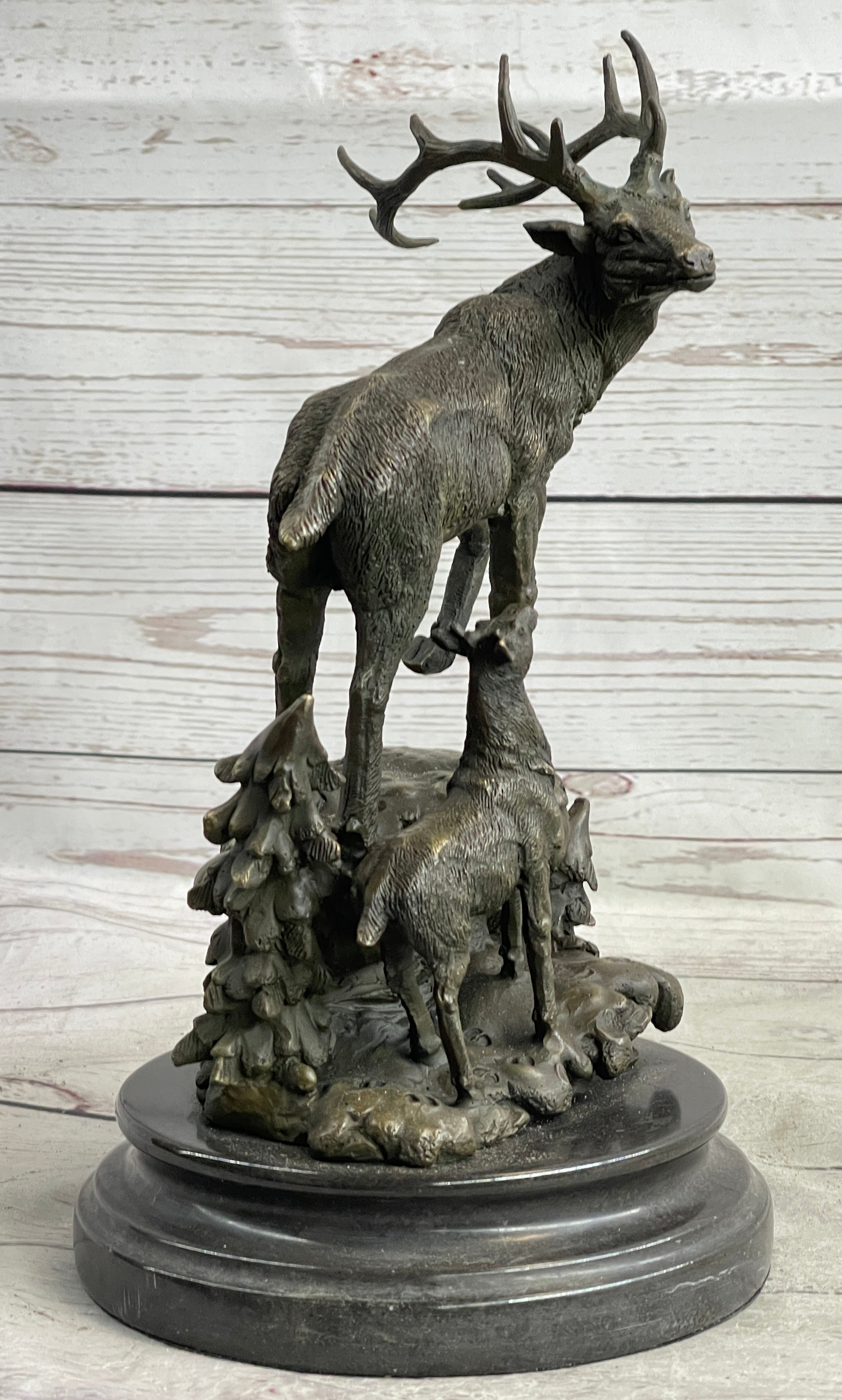 Signed Male Stag with Baby Fawn Bronze Sculpture Marble Base