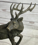 Signed Male Stag with Baby Fawn Bronze Sculpture Marble Base