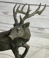 Signed Male Stag with Baby Fawn Bronze Sculpture Marble Base