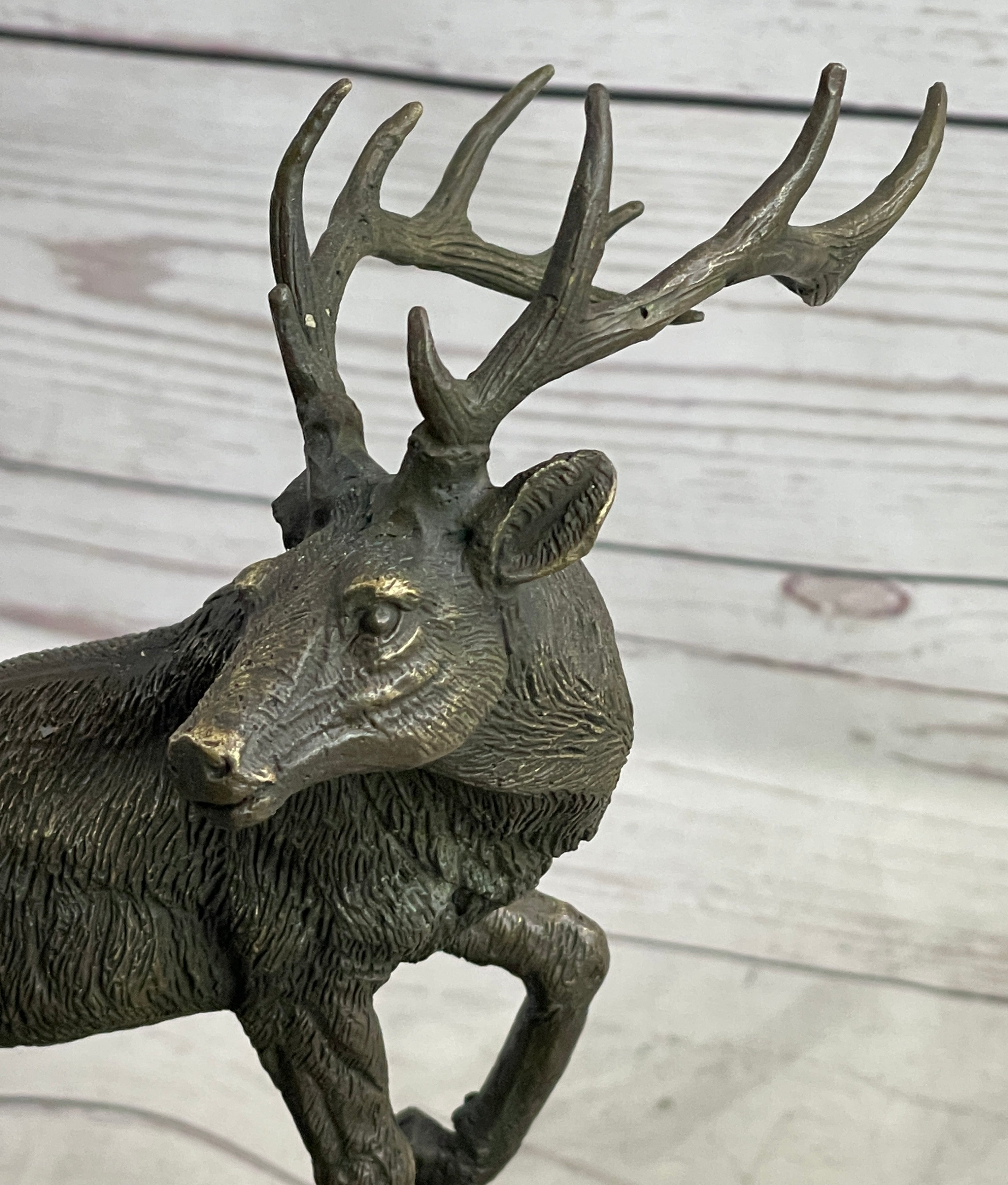 Signed Male Stag with Baby Fawn Bronze Sculpture Marble Base
