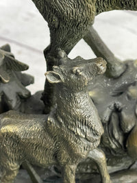 Signed Male Stag with Baby Fawn Bronze Sculpture Marble Base