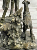Signed Male Stag with Baby Fawn Bronze Sculpture Marble Base