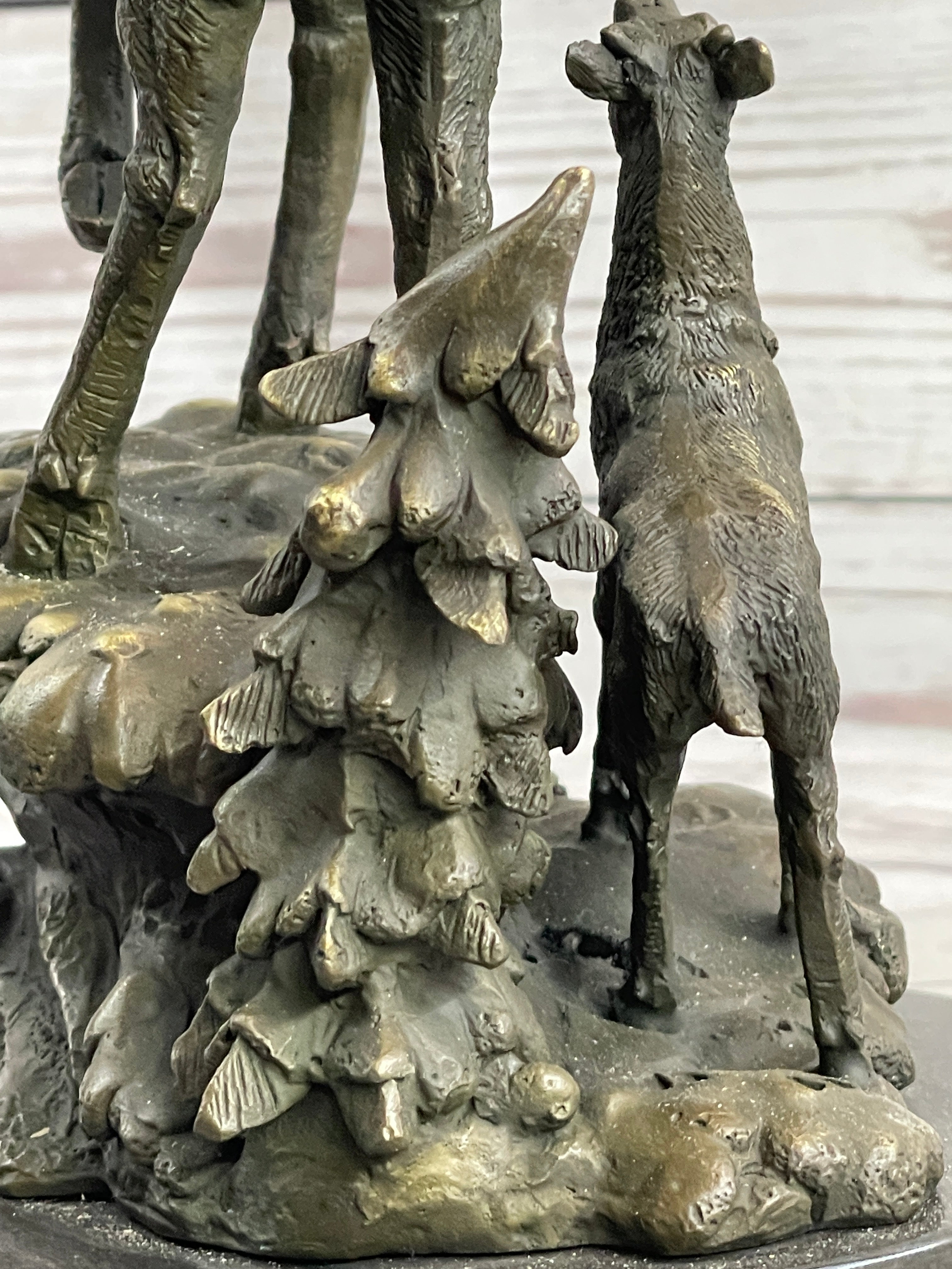 Signed Male Stag with Baby Fawn Bronze Sculpture Marble Base