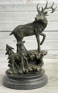 Signed Male Stag with Baby Fawn Bronze Sculpture Marble Base
