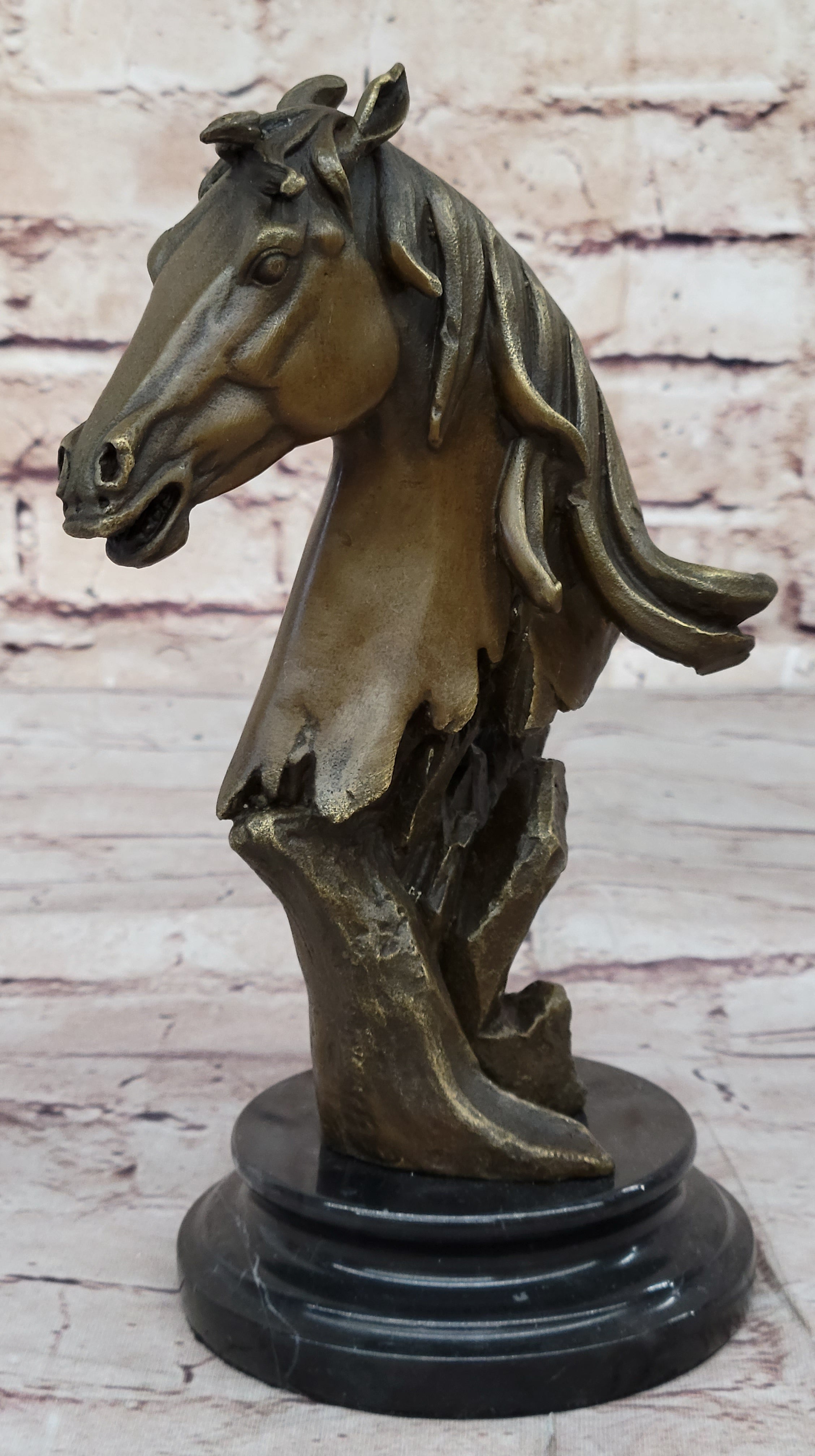 Abstract Modern Art Horse Head Bust Bronze Sculpture Marble Base