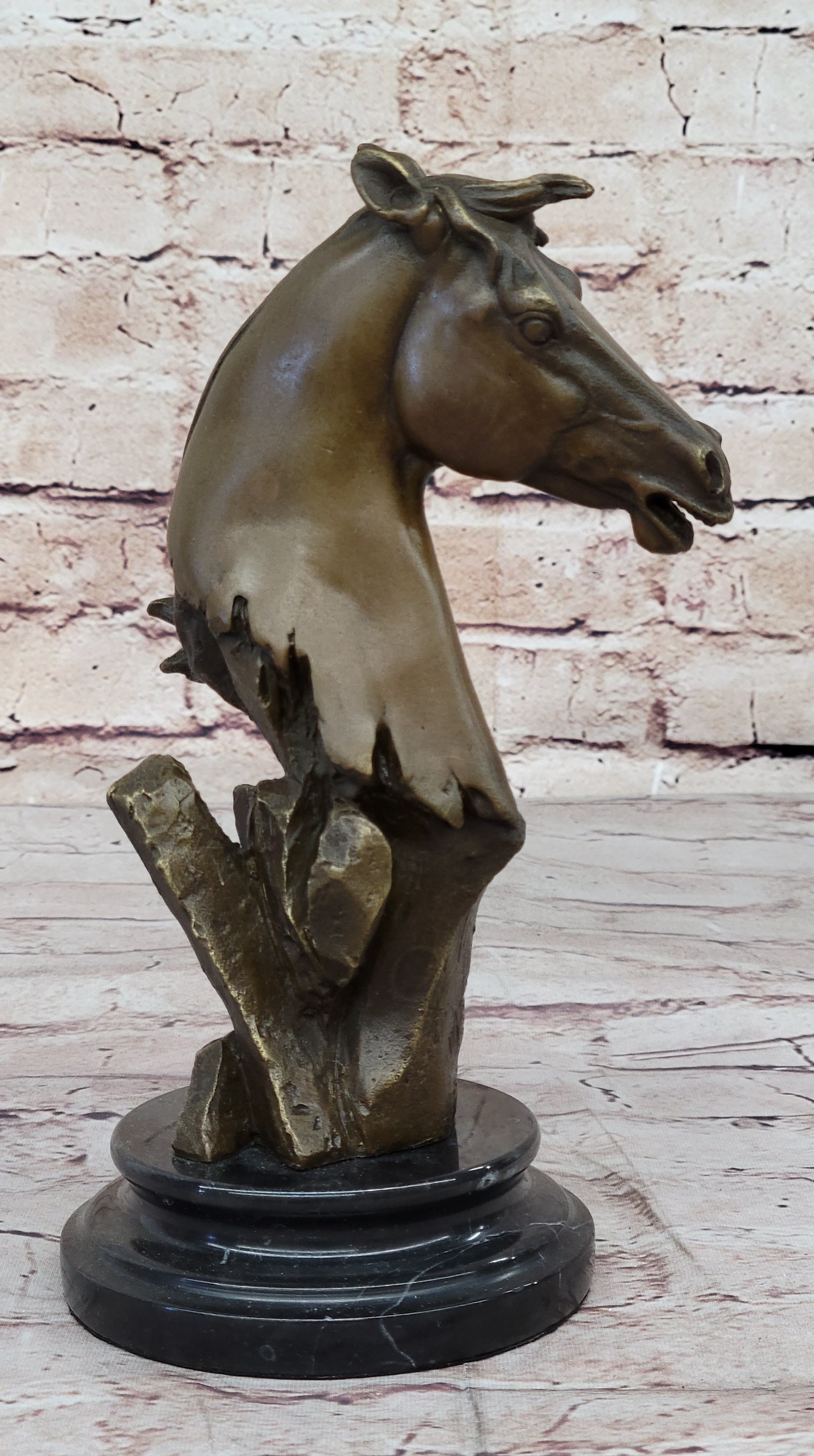 Abstract Modern Art Horse Head Bust Bronze Sculpture Marble Base