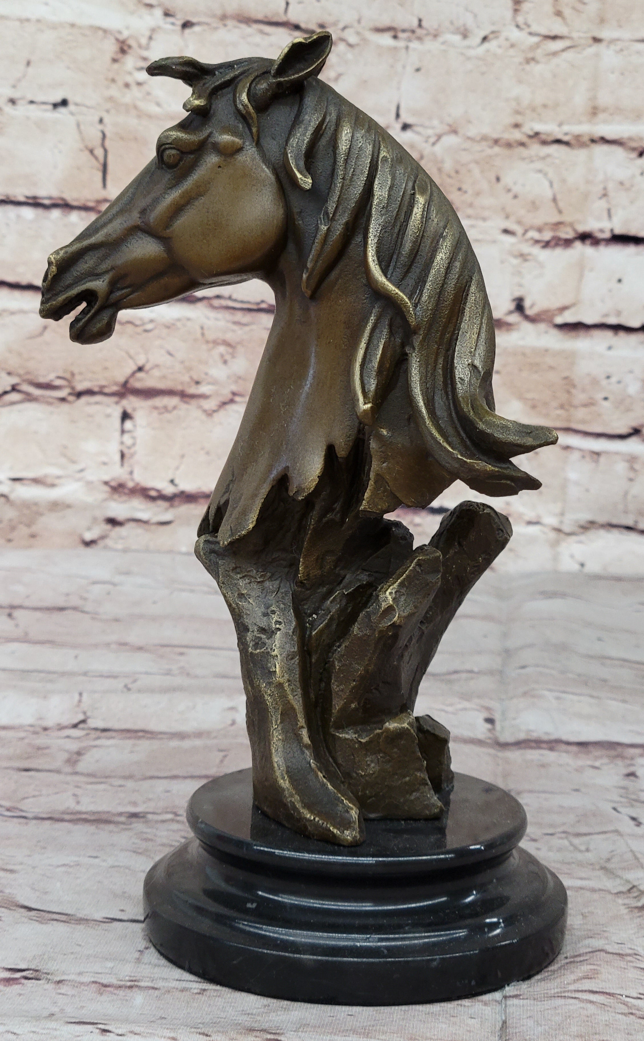 Abstract Modern Art Horse Head Bust Bronze Sculpture Marble Base