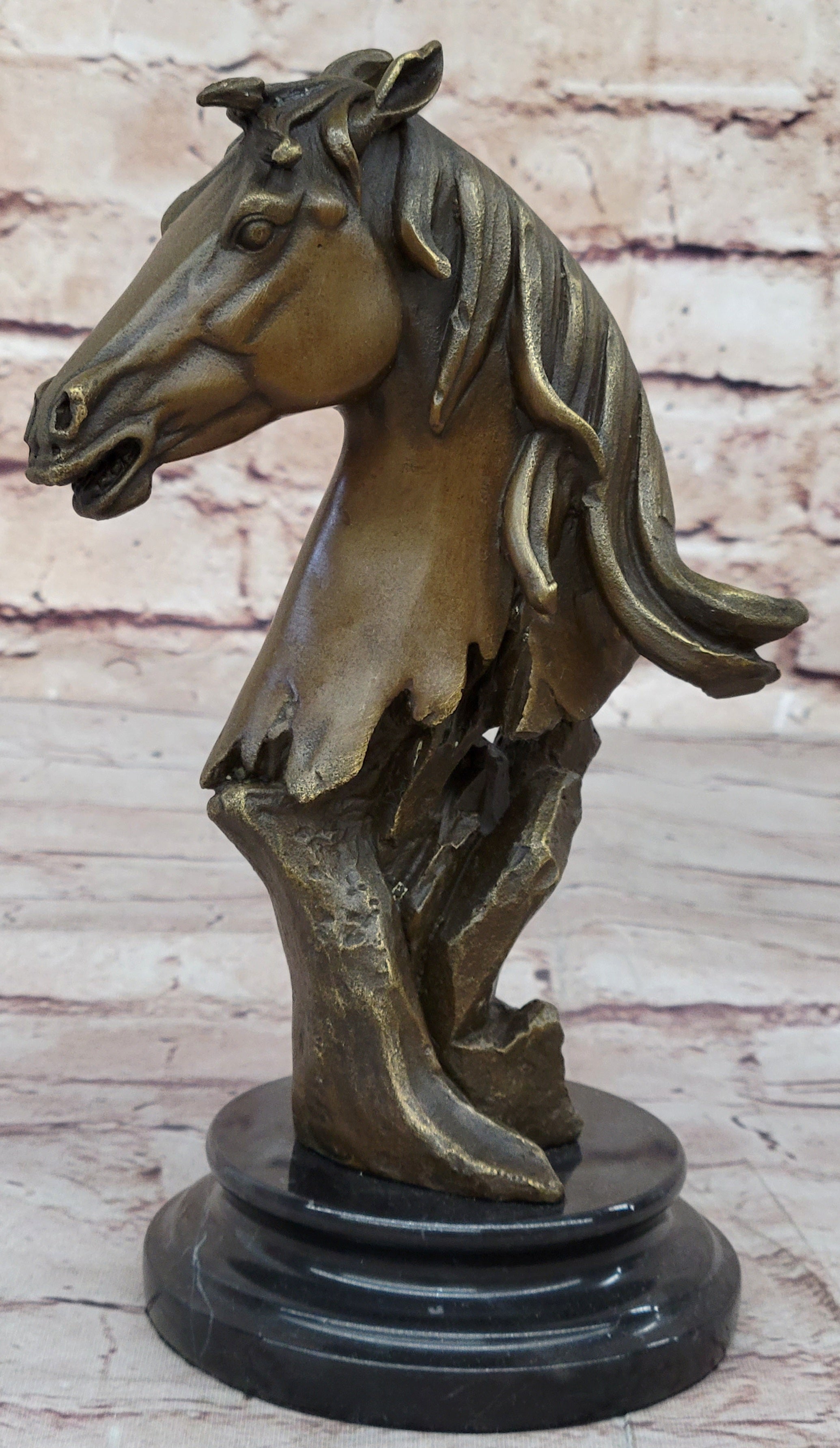 Abstract Modern Art Horse Head Bust Bronze Sculpture Marble Base