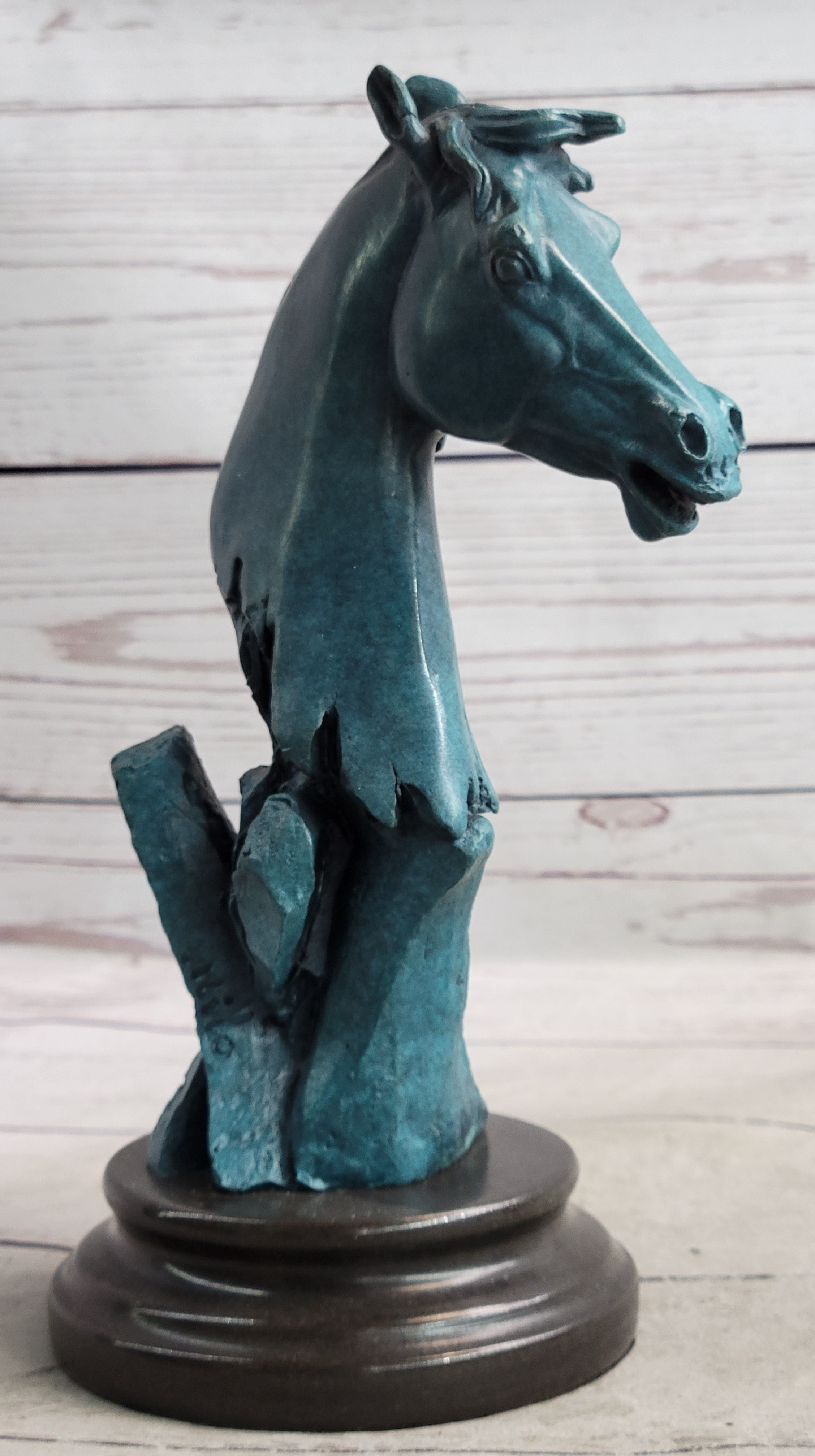 Abstract Horse Head Bust Bronze Sculpture Blue Green Patina