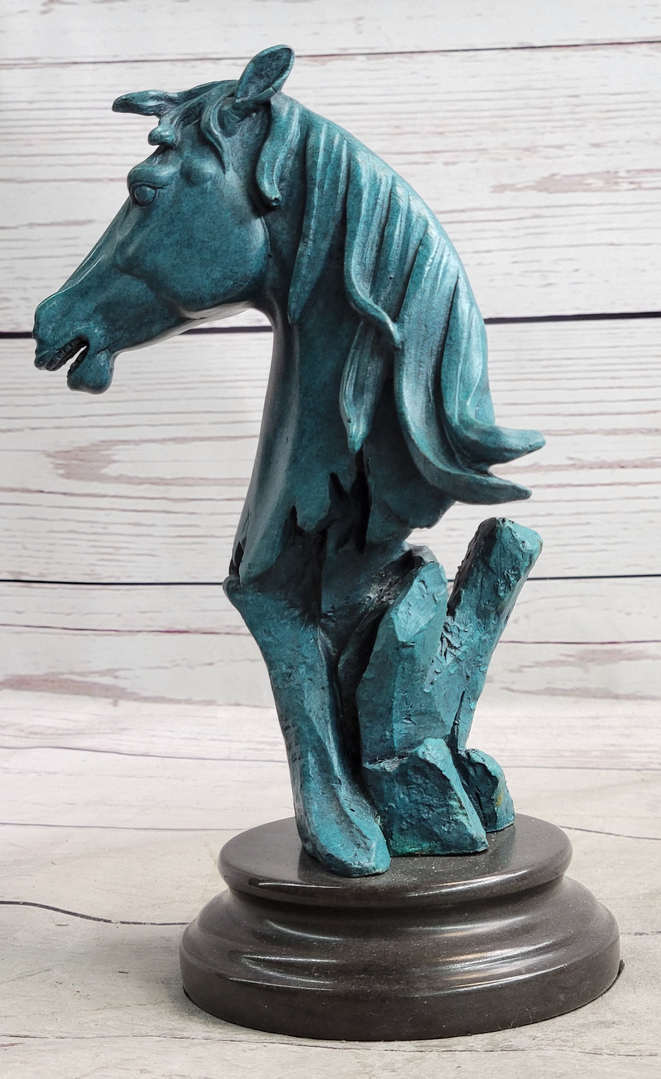 Abstract Horse Head Bust Bronze Sculpture Blue Green Patina