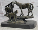 Horse Farm Horses Behind Stables Bronze Sculpture Equestrian Art