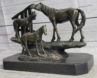 Horse Farm Horses Behind Stables Bronze Sculpture Equestrian Art