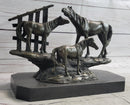 Horse Farm Horses Behind Stables Bronze Sculpture Equestrian Art