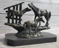 Horse Farm Horses Behind Stables Bronze Sculpture Equestrian Art