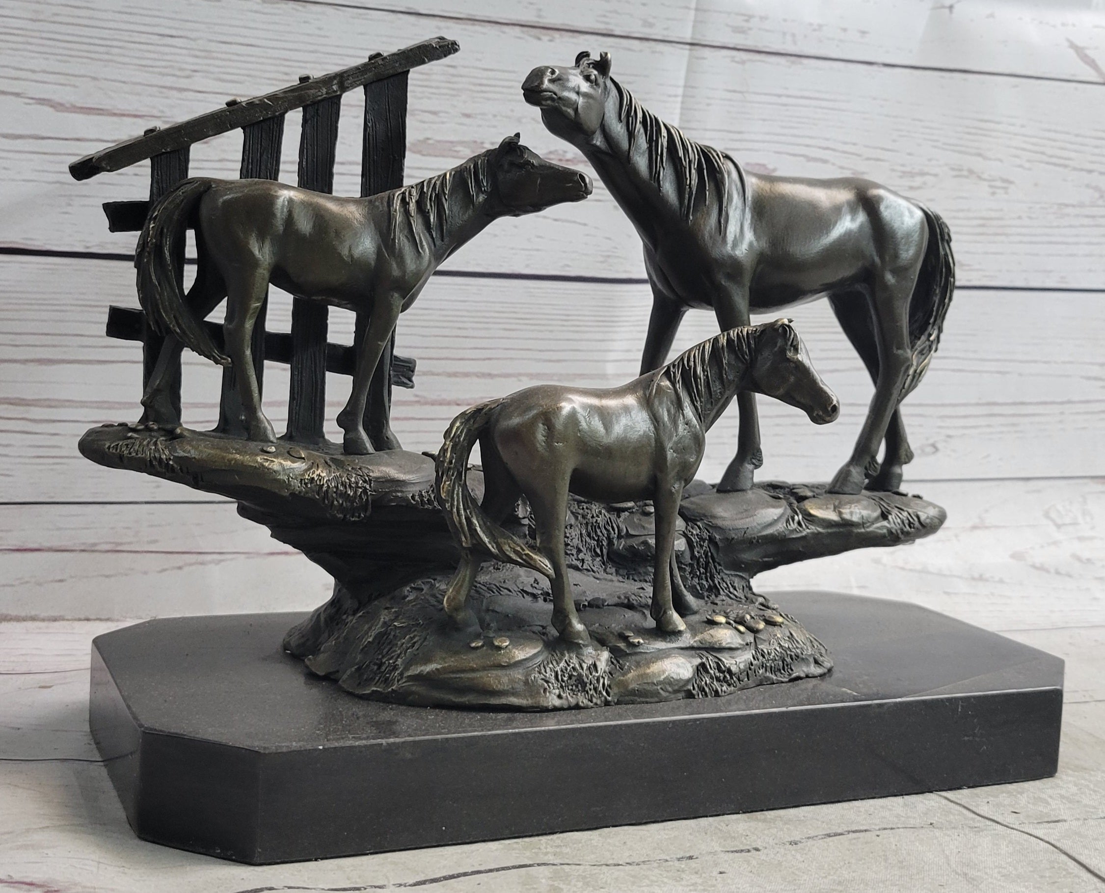 Horse Farm Horses Behind Stables Bronze Sculpture Equestrian Art