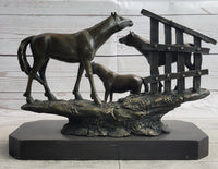 Horse Farm Horses Behind Stables Bronze Sculpture Equestrian Art