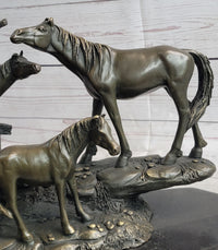 Horse Farm Horses Behind Stables Bronze Sculpture Equestrian Art