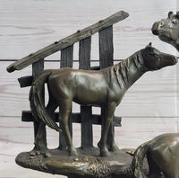 Horse Farm Horses Behind Stables Bronze Sculpture Equestrian Art