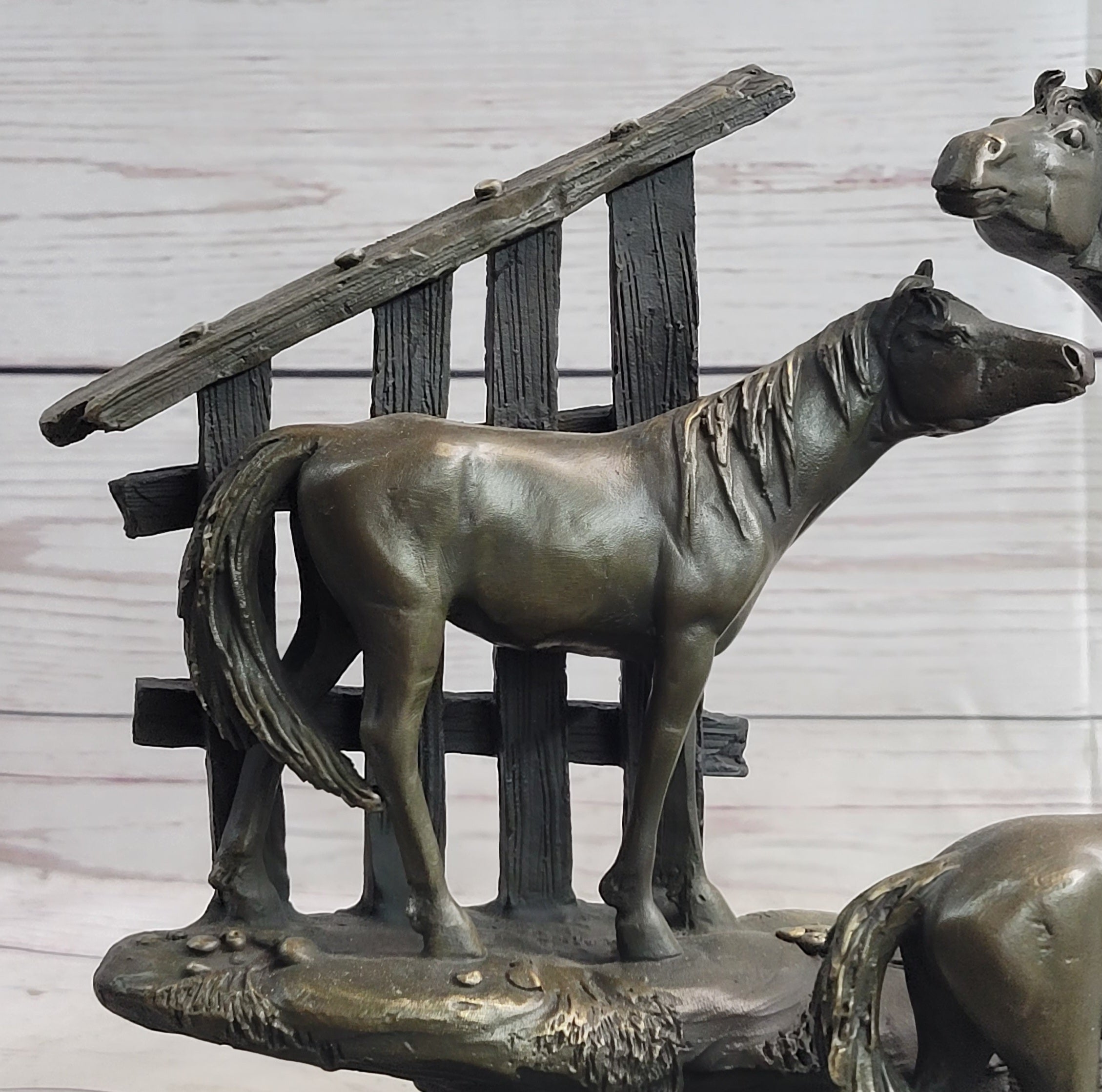 Horse Farm Horses Behind Stables Bronze Sculpture Equestrian Art
