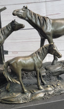 Horse Farm Horses Behind Stables Bronze Sculpture Equestrian Art