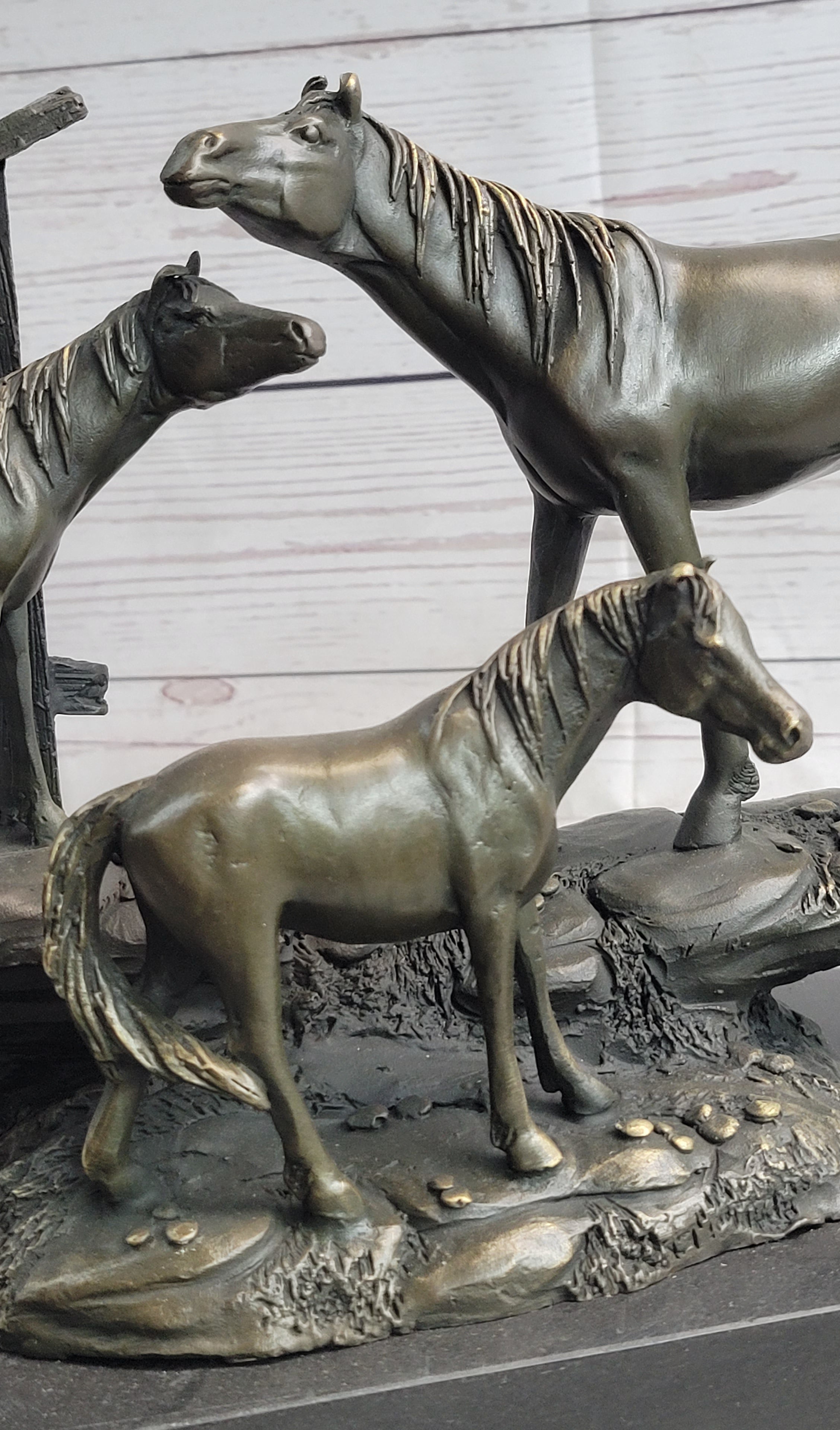 Horse Farm Horses Behind Stables Bronze Sculpture Equestrian Art