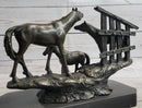 Horse Farm Horses Behind Stables Bronze Sculpture Equestrian Art