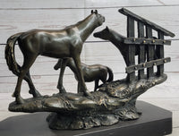 Horse Farm Horses Behind Stables Bronze Sculpture Equestrian Art