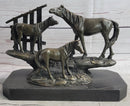 Horse Farm Horses Behind Stables Bronze Sculpture Equestrian Art