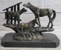Horse Farm Horses Behind Stables Bronze Sculpture Equestrian Art