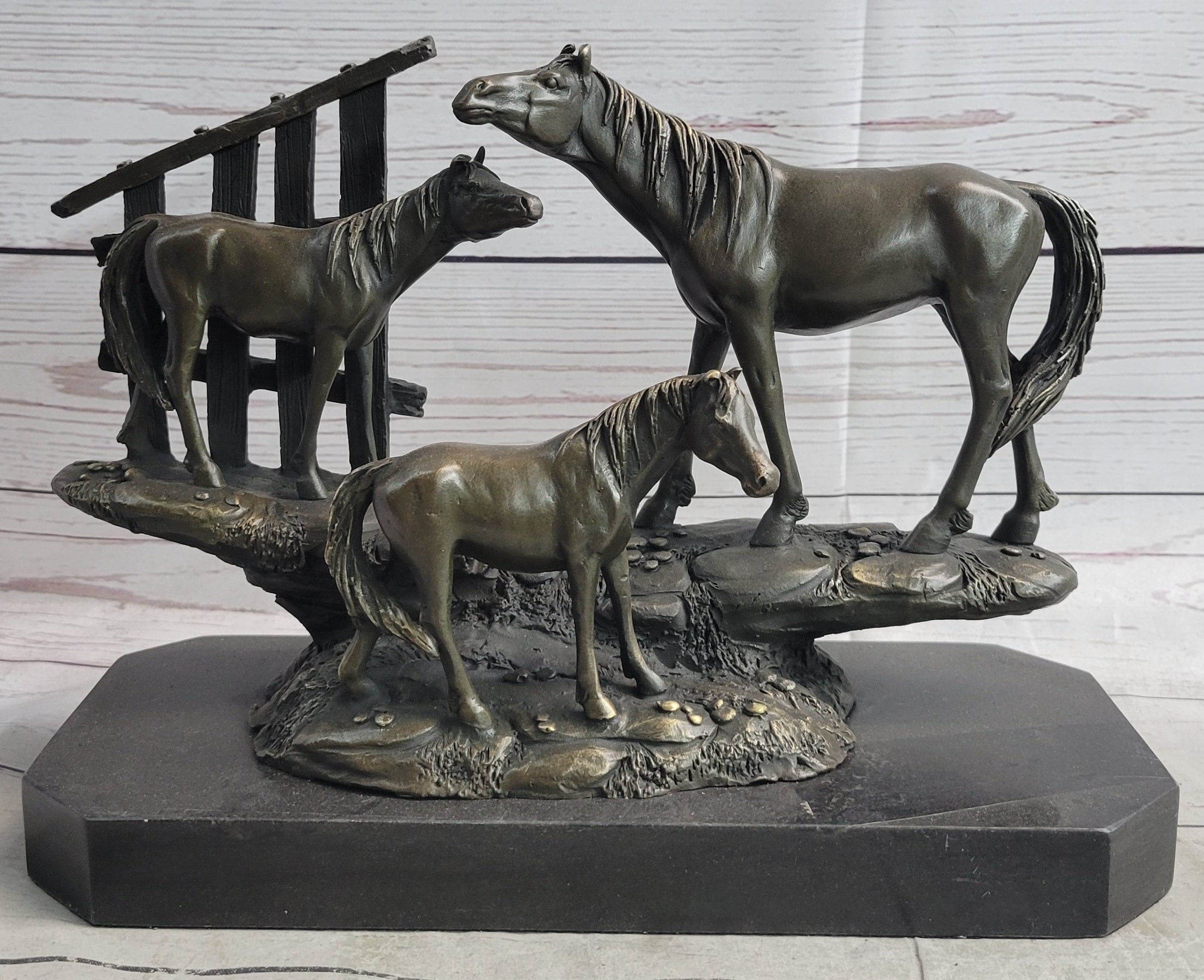 Horse Farm Horses Behind Stables Bronze Sculpture Equestrian Art
